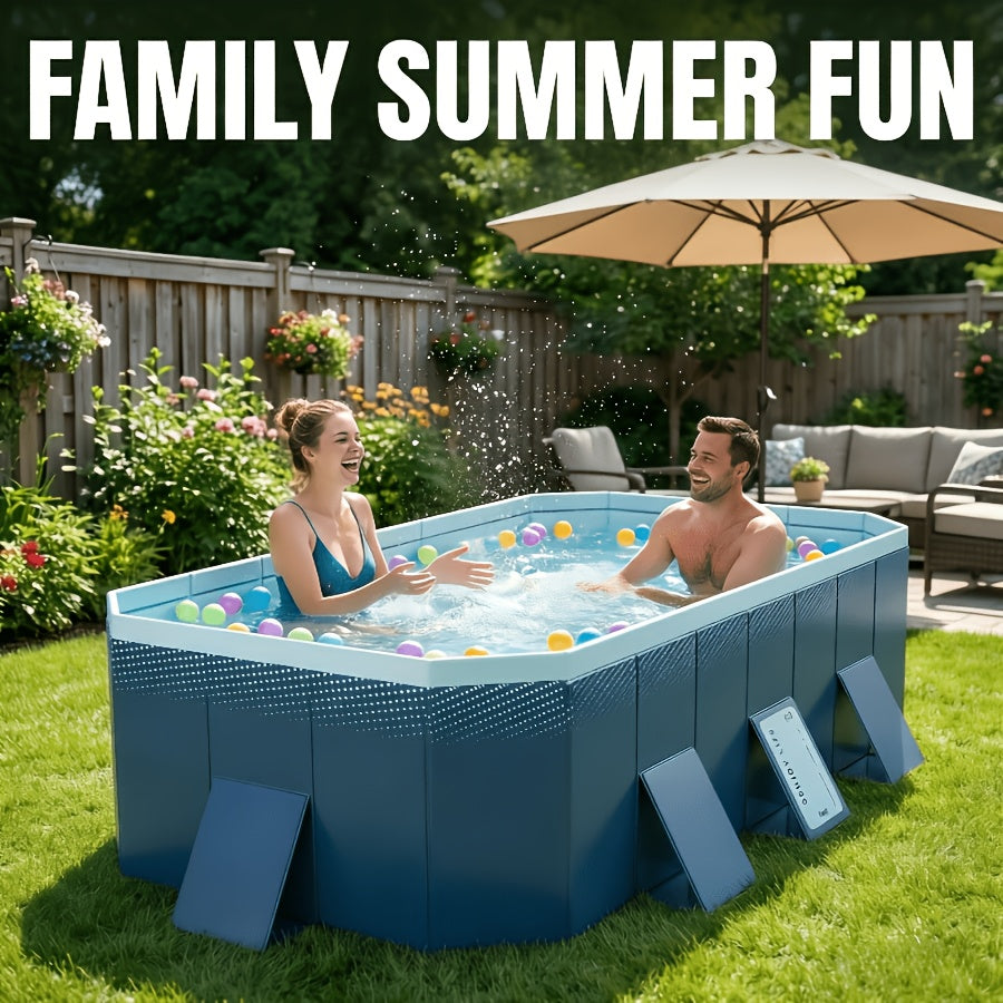 Foldable Non-Inflatable Family Swimming Pool, 4-Layer Thick PVC Hard Panel Pool with Triangle Support & Rapid Drain for Backyard Summer Party