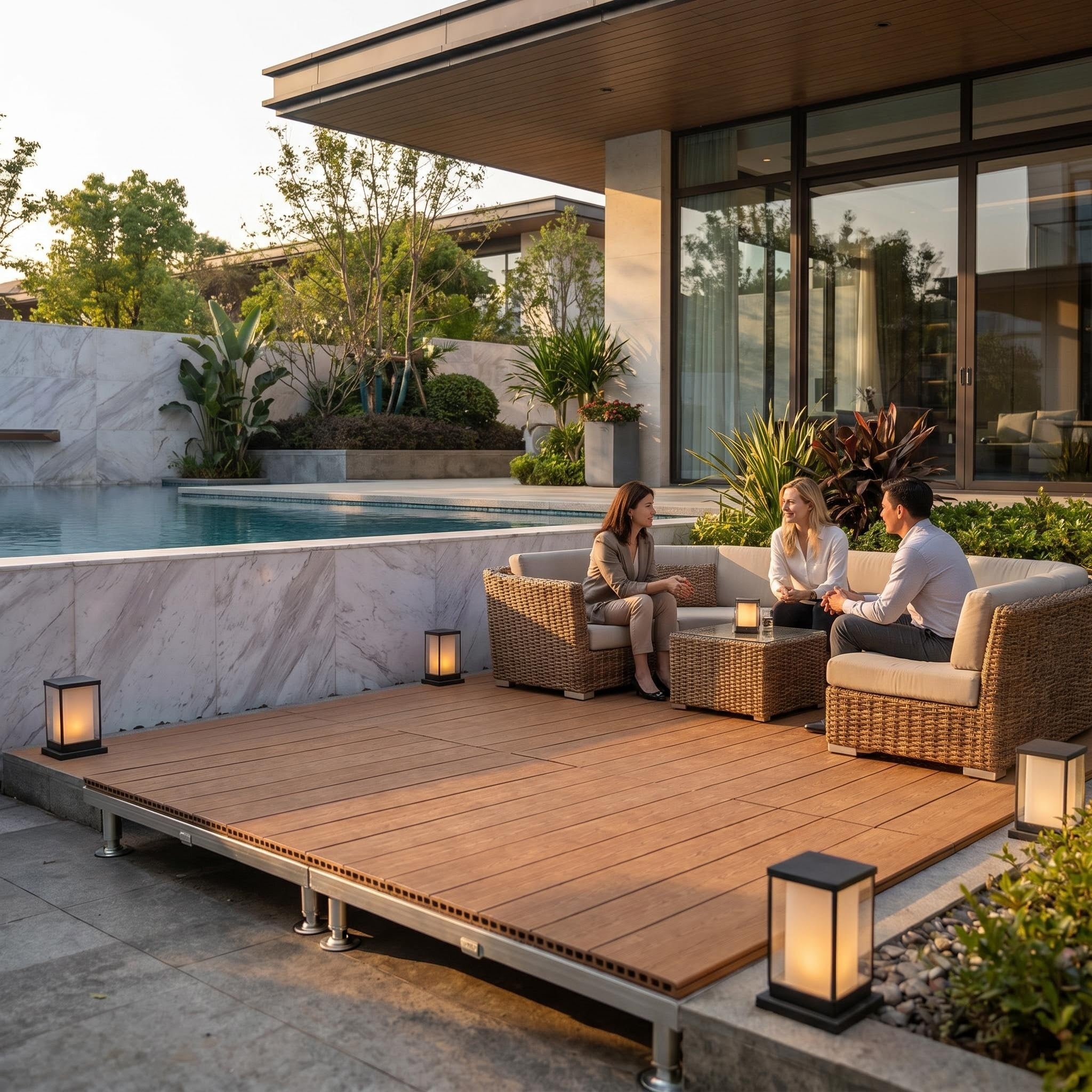 Portable Modular WPC Event Deck Platform, Adjustable Height Waterproof Outdoor Flooring for Backyard, Poolside & Temporary Party Stage