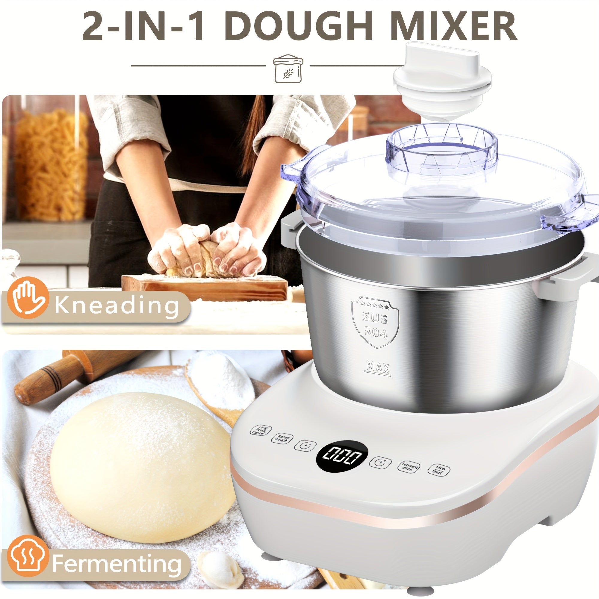 5QT/7QT 2 Colors Dough Mixer Machine, Smart Mix Proof Function 304 Stainless Steel Automatic Kneader for Pizza Bread Dumpling Noodle Home Bakery
