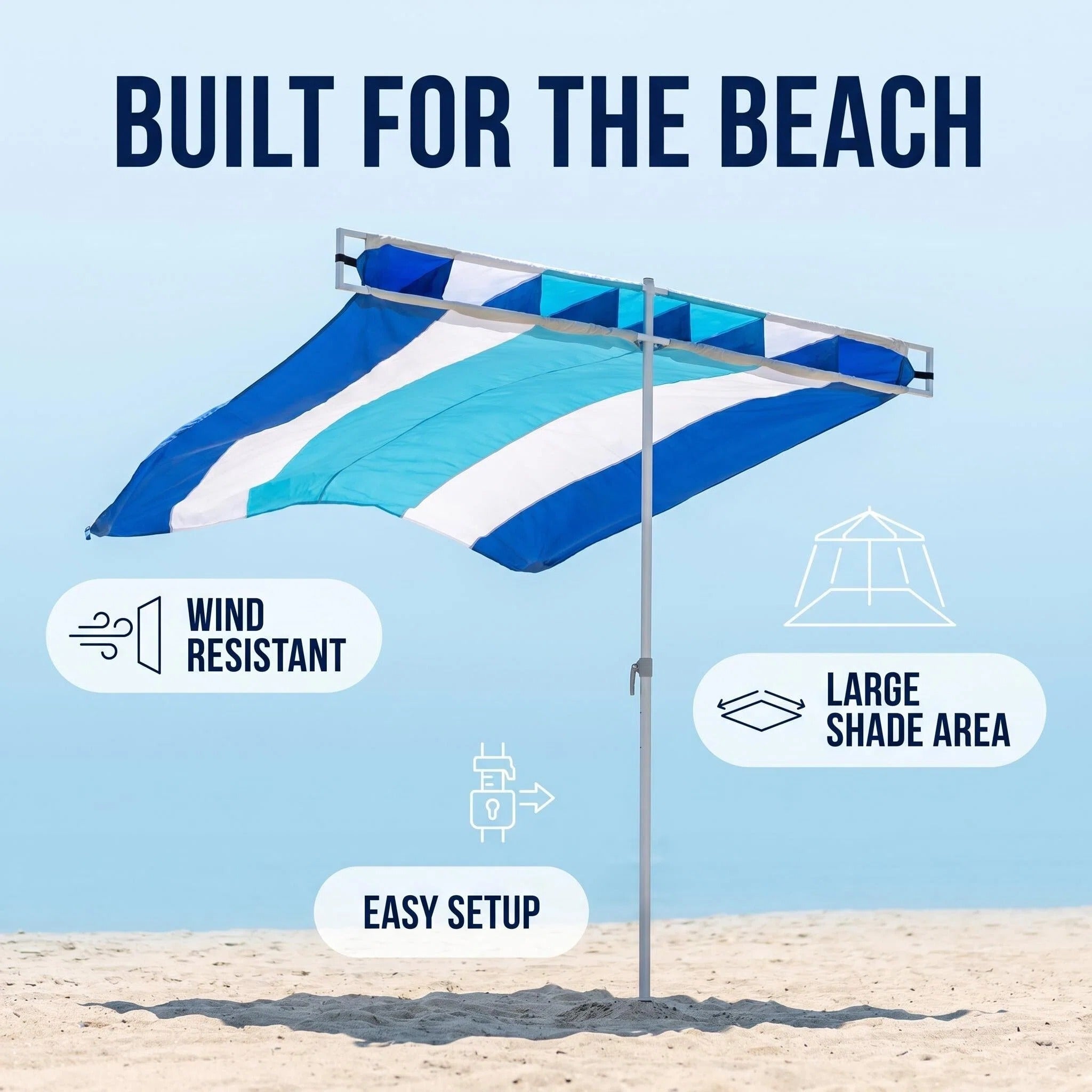 Wind Resistant Large Beach Sun Canopy Umbrella, Easy Setup Portable Outdoor Beach Shade Tent with Wide Coverage for Sand Poolside Camping