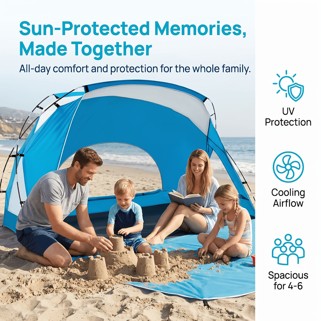 UPF 50+ 4-6 Person Instant Pop Up Beach Tent, 3-Sided Ventilated Windproof Sun Shelter with Zipper Door for Beach Picnic Camping