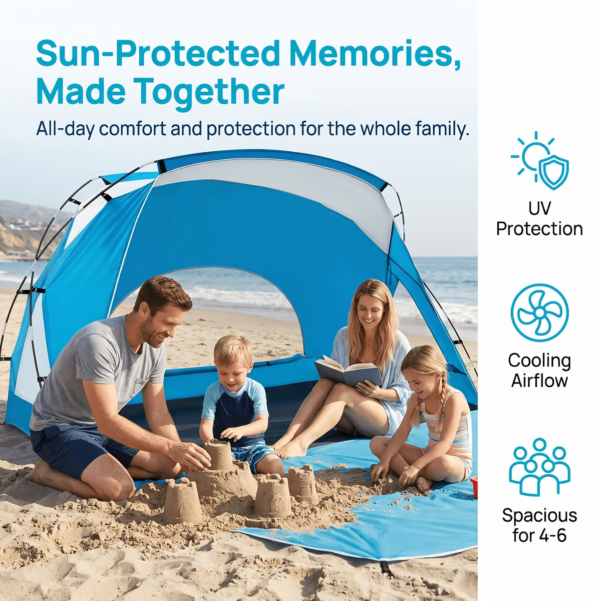 UPF 50+ 4-6 Person Instant Pop Up Beach Tent, 3-Sided Ventilated Windproof Sun Shelter with Zipper Door for Beach Picnic Camping