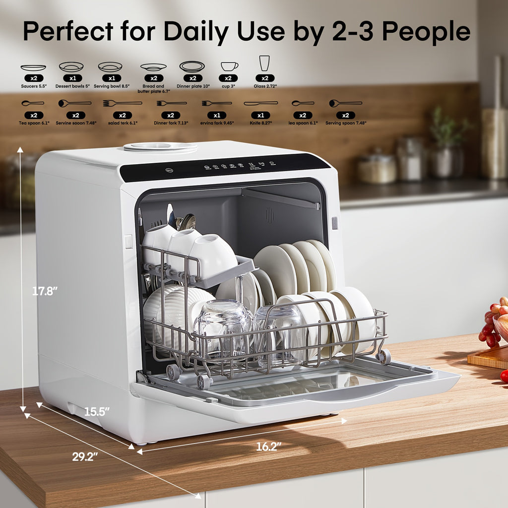 2-in-1 Water Tank & Tap Portable Countertop Dishwasher, 6 Multi Wash Modes Mini Dishwasher with 360° Spray, Hot Air Dry & Delayed Function for Small Kitchen