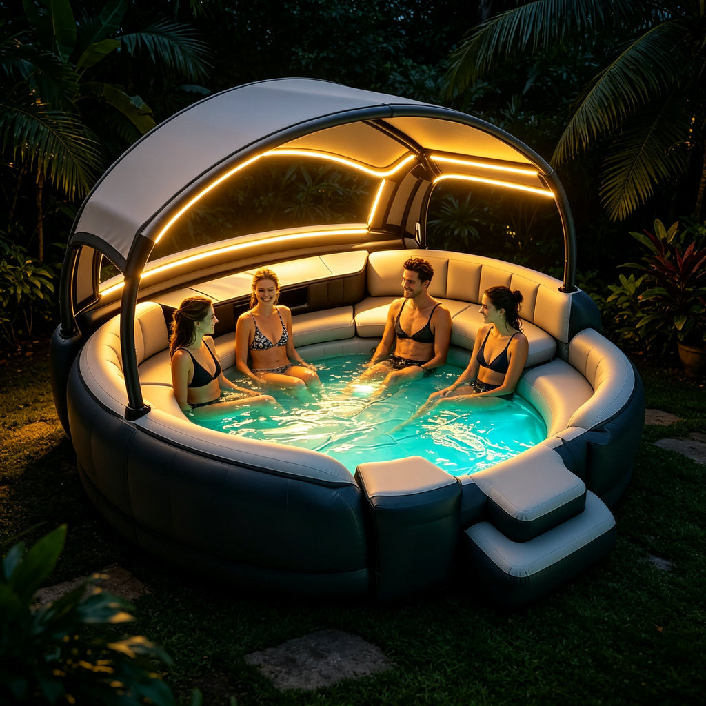 Inflatable Hot Tub with LED Canopy Heated Water System, Premium PVC Portable Spa Holds 4-7 Adults for Backyard Outdoor Relaxation
