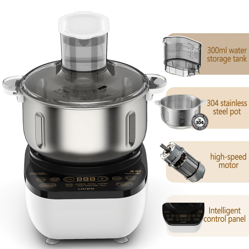 3.5L Auto Water Adding Dough Maker, 304 Stainless Steel Automatic Kneading Machine for Dumpling Noodle Bread Steamed Bun Home Bakery
