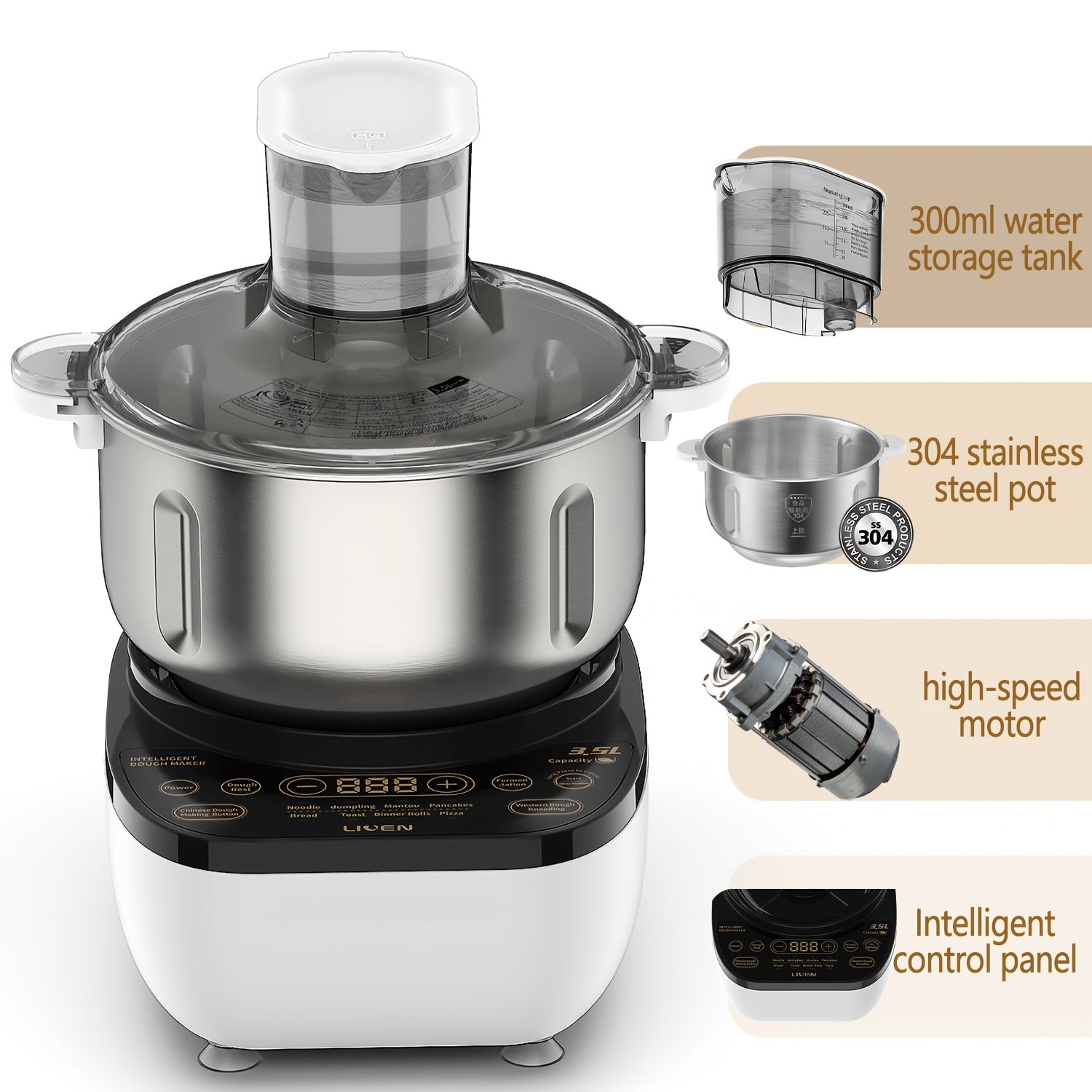 3.5L Auto Water Adding Dough Maker, 304 Stainless Steel Automatic Kneading Machine for Dumpling Noodle Bread Steamed Bun Home Bakery