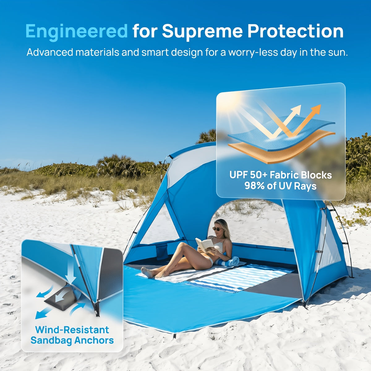 UPF 50+ 4-6 Person Instant Pop Up Beach Tent, 3-Sided Ventilated Windproof Sun Shelter with Zipper Door for Beach Picnic Camping