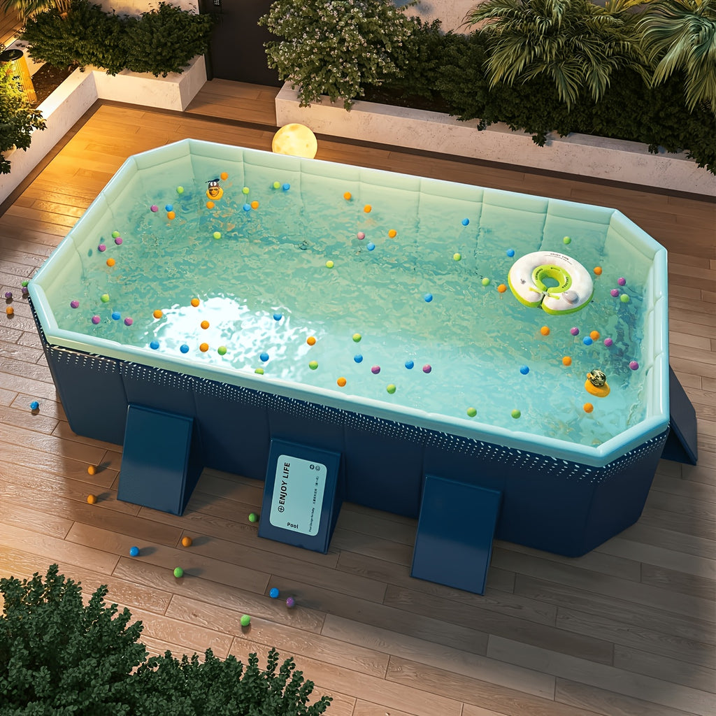 Foldable Non-Inflatable Family Swimming Pool, 4-Layer Thick PVC Hard Panel Pool with Triangle Support & Rapid Drain for Backyard Summer Party