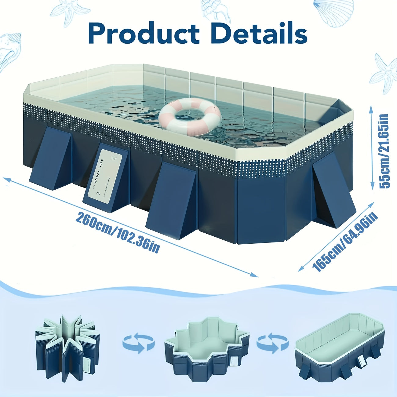 Foldable Non-Inflatable Family Swimming Pool, 4-Layer Thick PVC Hard Panel Pool with Triangle Support & Rapid Drain for Backyard Summer Party