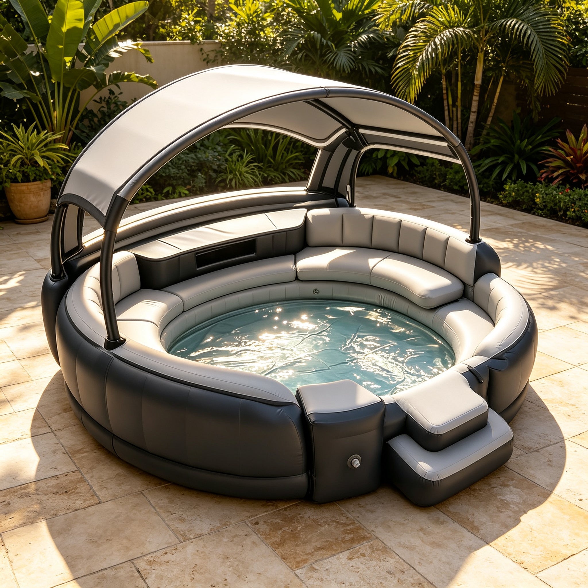 Inflatable Hot Tub with LED Canopy Heated Water System, Premium PVC Portable Spa Holds 4-7 Adults for Backyard Outdoor Relaxation