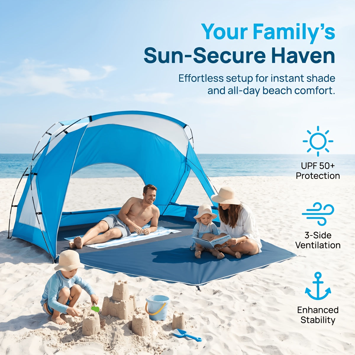 UPF 50+ 4-6 Person Instant Pop Up Beach Tent, 3-Sided Ventilated Windproof Sun Shelter with Zipper Door for Beach Picnic Camping