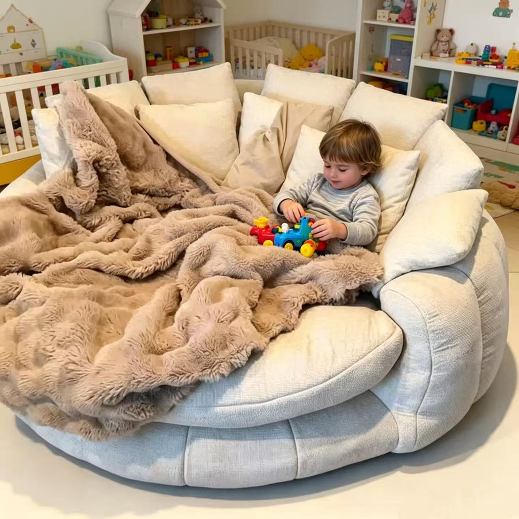 Oversized Round Ergonomic Bean Bag Sofa, Premium Fabric High-Density Foam Lazy Lounge Chair with Throw Pillows for Bedroom Living Room Relaxation