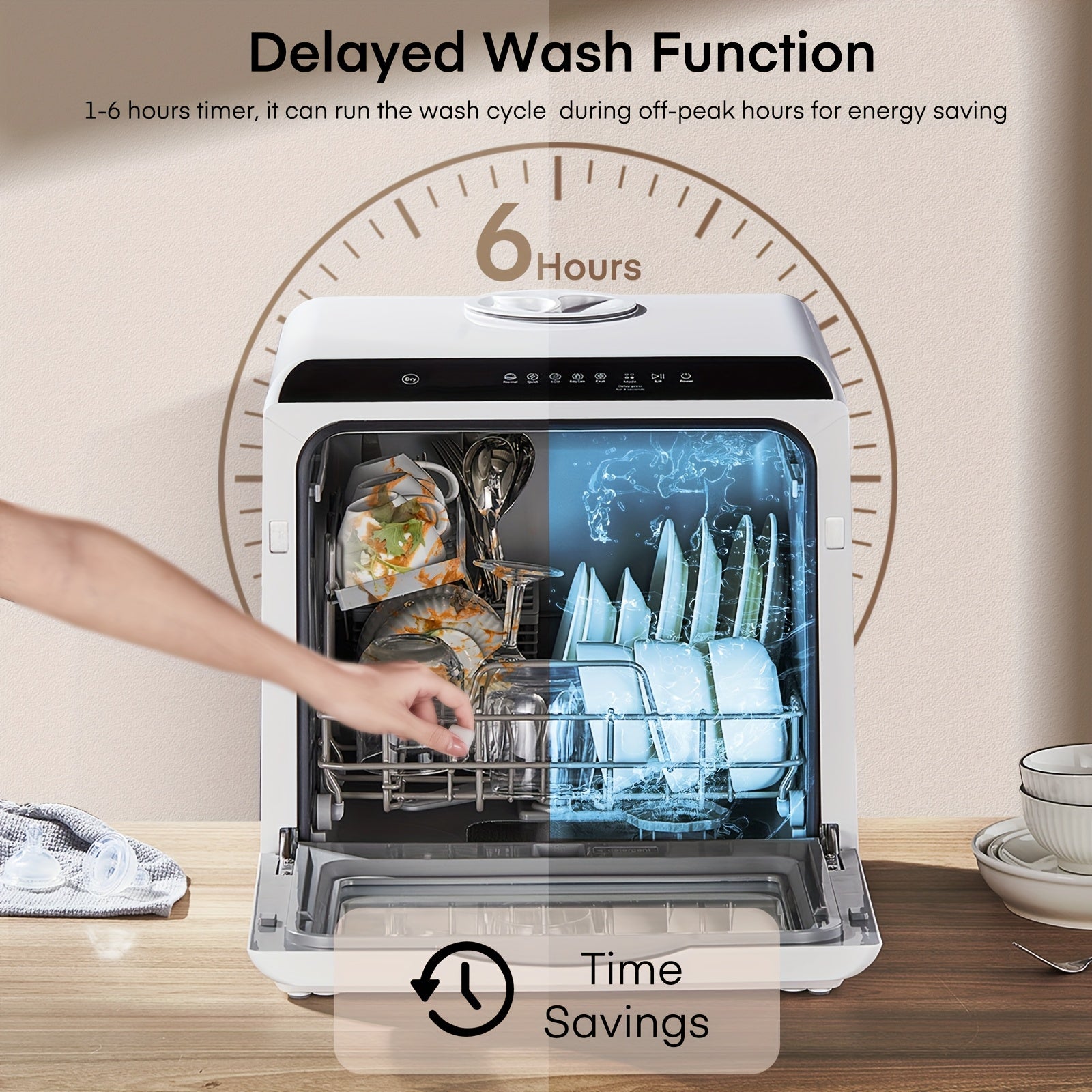 2-in-1 Water Tank & Tap Portable Countertop Dishwasher, 6 Multi Wash Modes Mini Dishwasher with 360° Spray, Hot Air Dry & Delayed Function for Small Kitchen