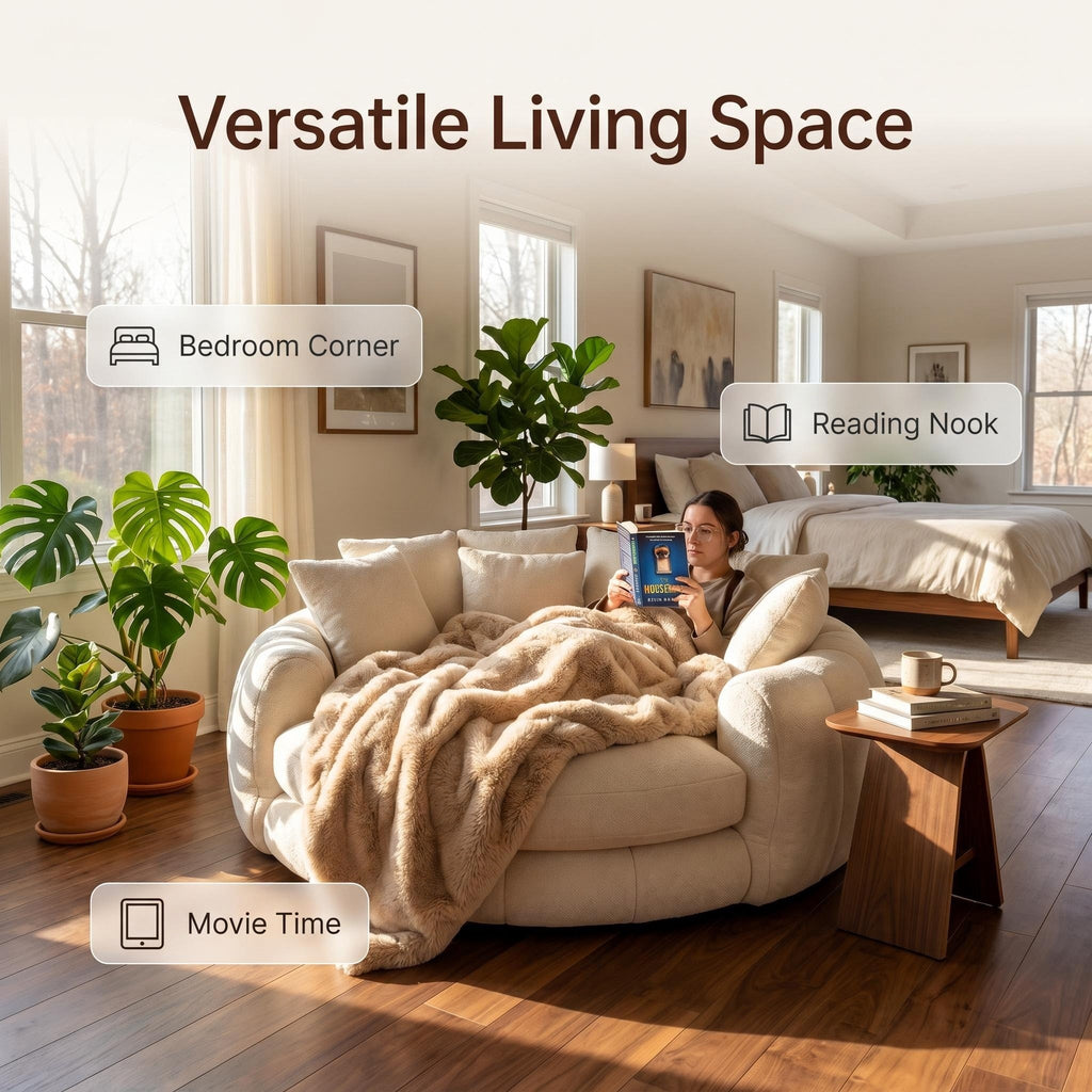 Oversized Round Ergonomic Bean Bag Sofa, Premium Fabric High-Density Foam Lazy Lounge Chair with Throw Pillows for Bedroom Living Room Relaxation
