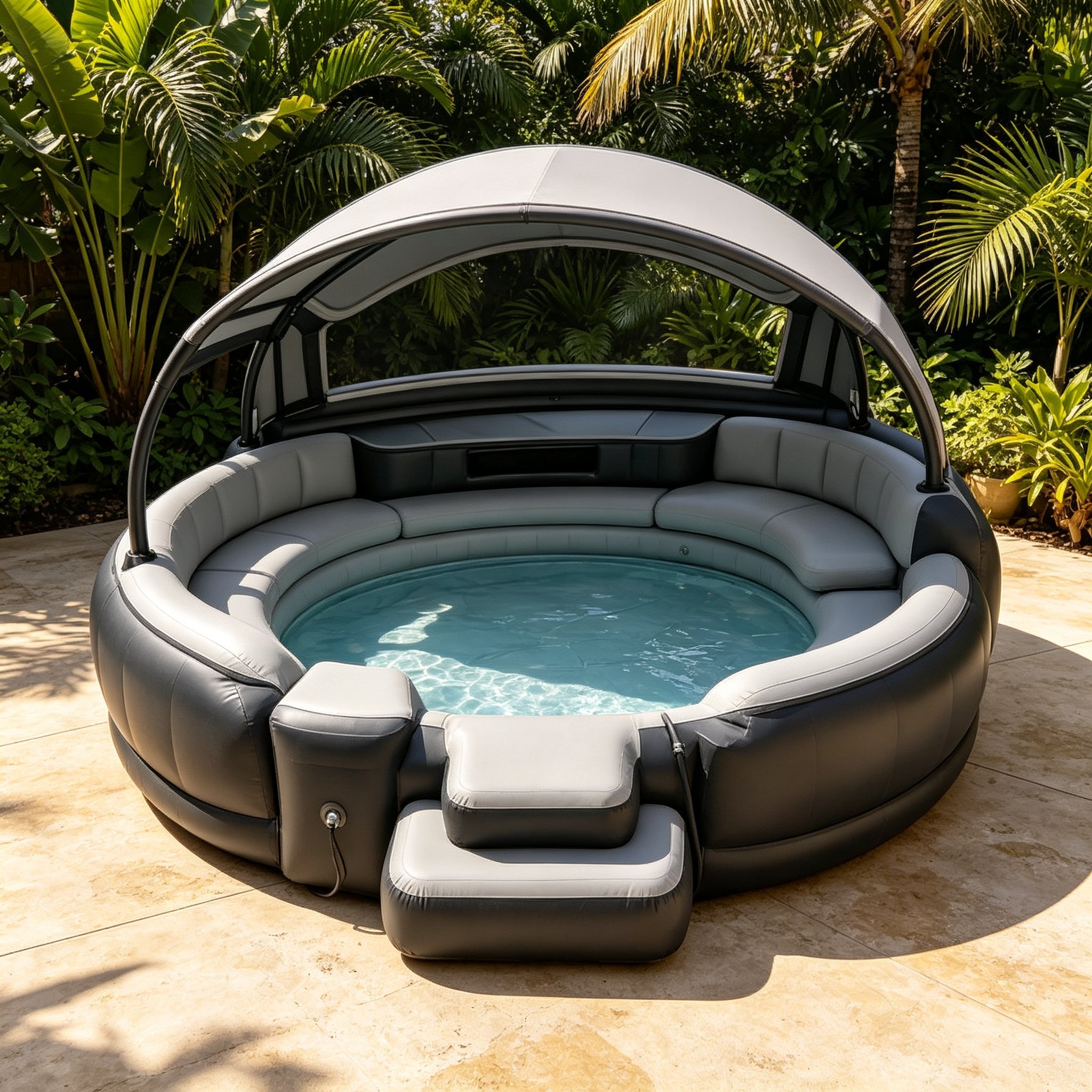 Inflatable Hot Tub with LED Canopy Heated Water System, Premium PVC Portable Spa Holds 4-7 Adults for Backyard Outdoor Relaxation
