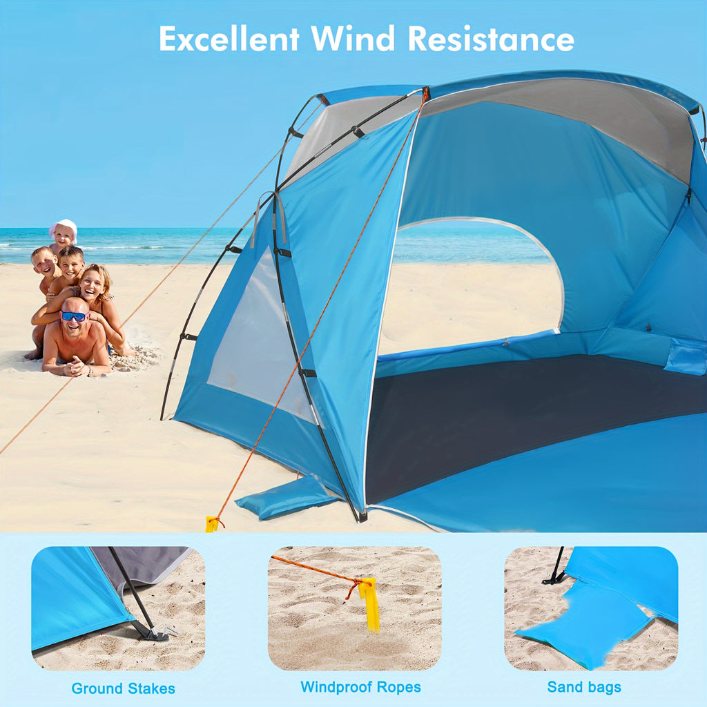 UPF 50+ 4-6 Person Instant Pop Up Beach Tent, 3-Sided Ventilated Windproof Sun Shelter with Zipper Door for Beach Picnic Camping