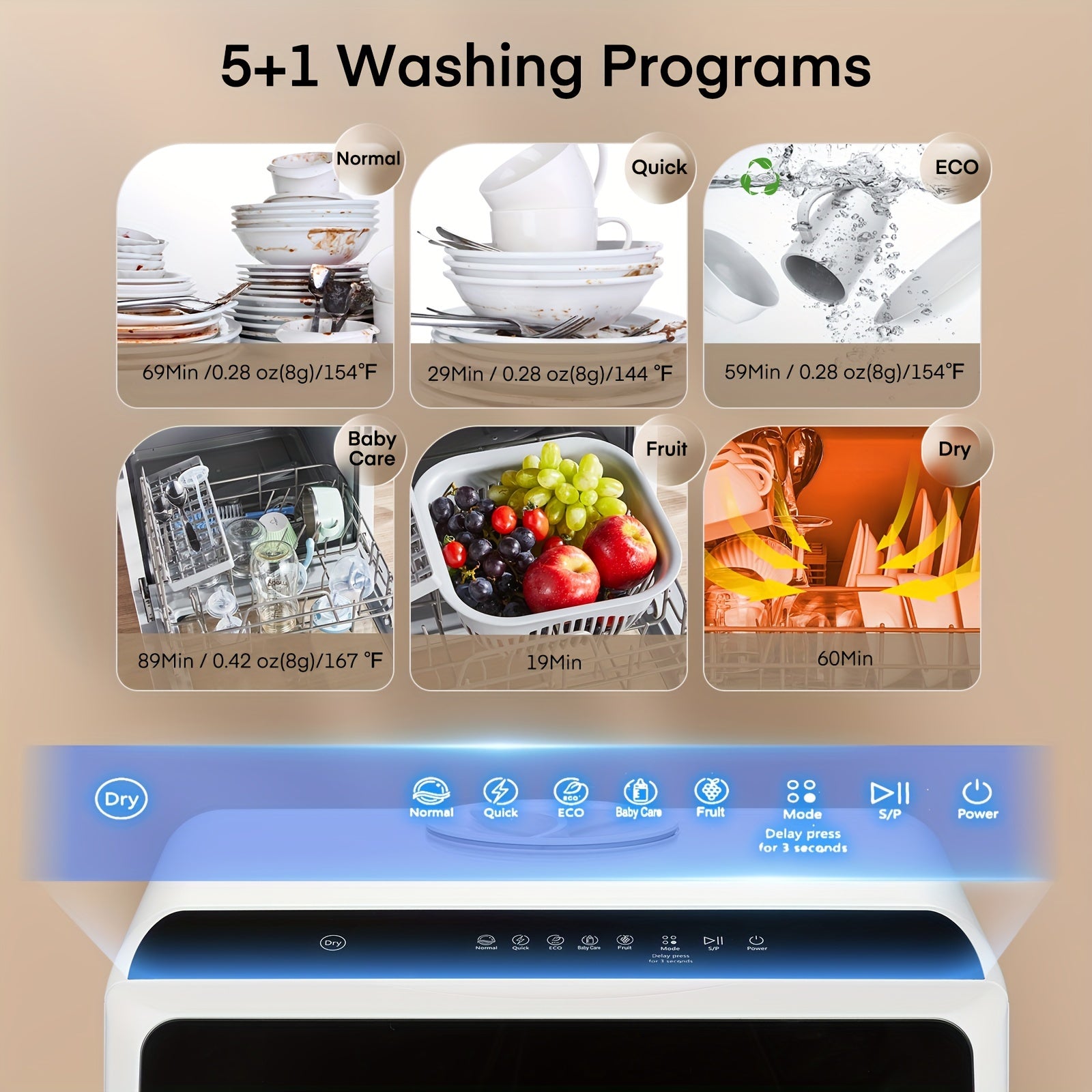 2-in-1 Water Tank & Tap Portable Countertop Dishwasher, 6 Multi Wash Modes Mini Dishwasher with 360° Spray, Hot Air Dry & Delayed Function for Small Kitchen