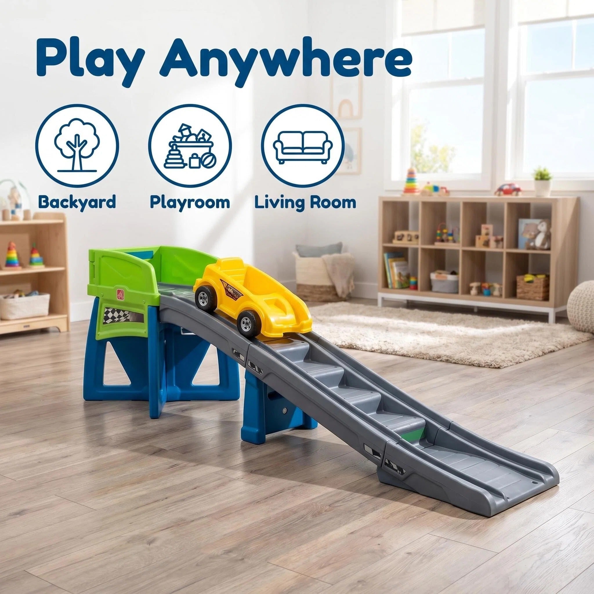 Kids Race Car Track Slide Playset with Non-Slip Steps & Stable Base, Indoor Outdoor Toddler Racing Toy Slide for Living Room Playroom Backyard