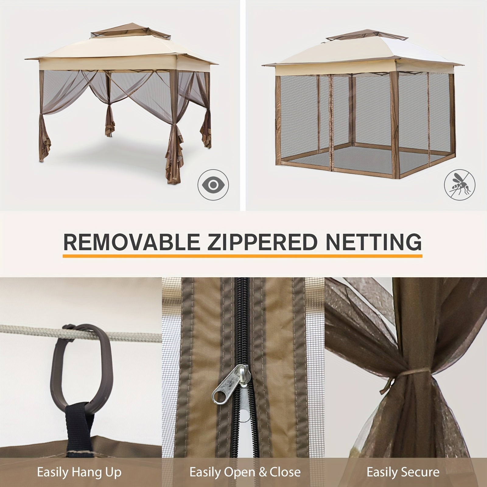 Removable Zippered Mosquito Netting for Outdoor Gazebo, Privacy Mesh Curtain with Hooks for Patio Canopy Pergola