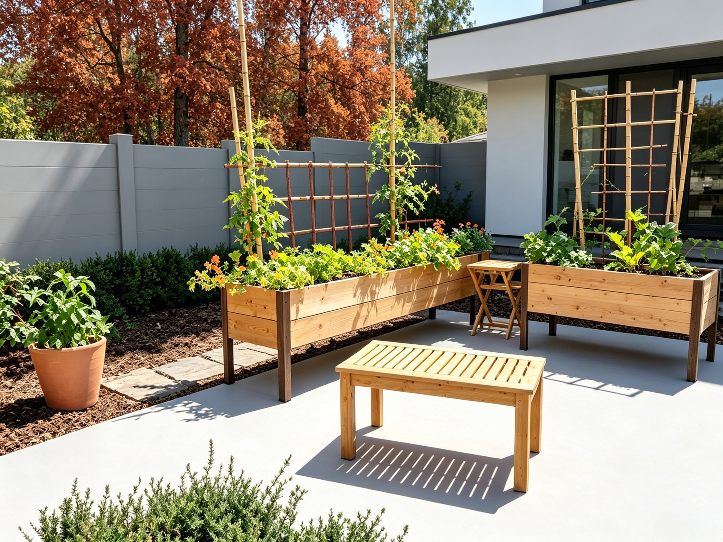 Elevated Wooden Raised Garden Bed with Arch Metal Trellis, Raised Planter Box with Metal Legs for Vegetables Flowers Backyard Patio Gardening