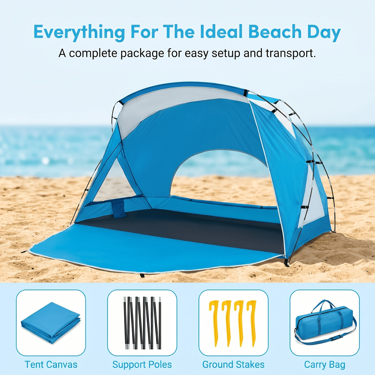 UPF 50+ 4-6 Person Instant Pop Up Beach Tent, 3-Sided Ventilated Windproof Sun Shelter with Zipper Door for Beach Picnic Camping