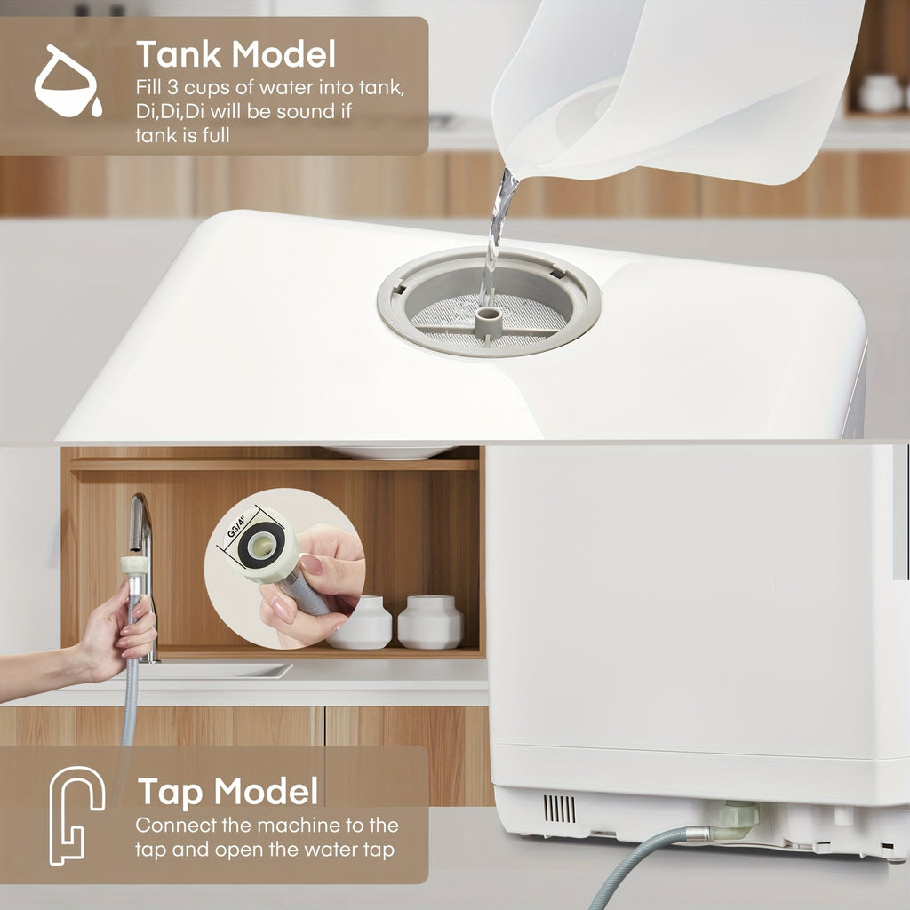 2-in-1 Water Tank & Tap Portable Countertop Dishwasher, 6 Multi Wash Modes Mini Dishwasher with 360° Spray, Hot Air Dry & Delayed Function for Small Kitchen