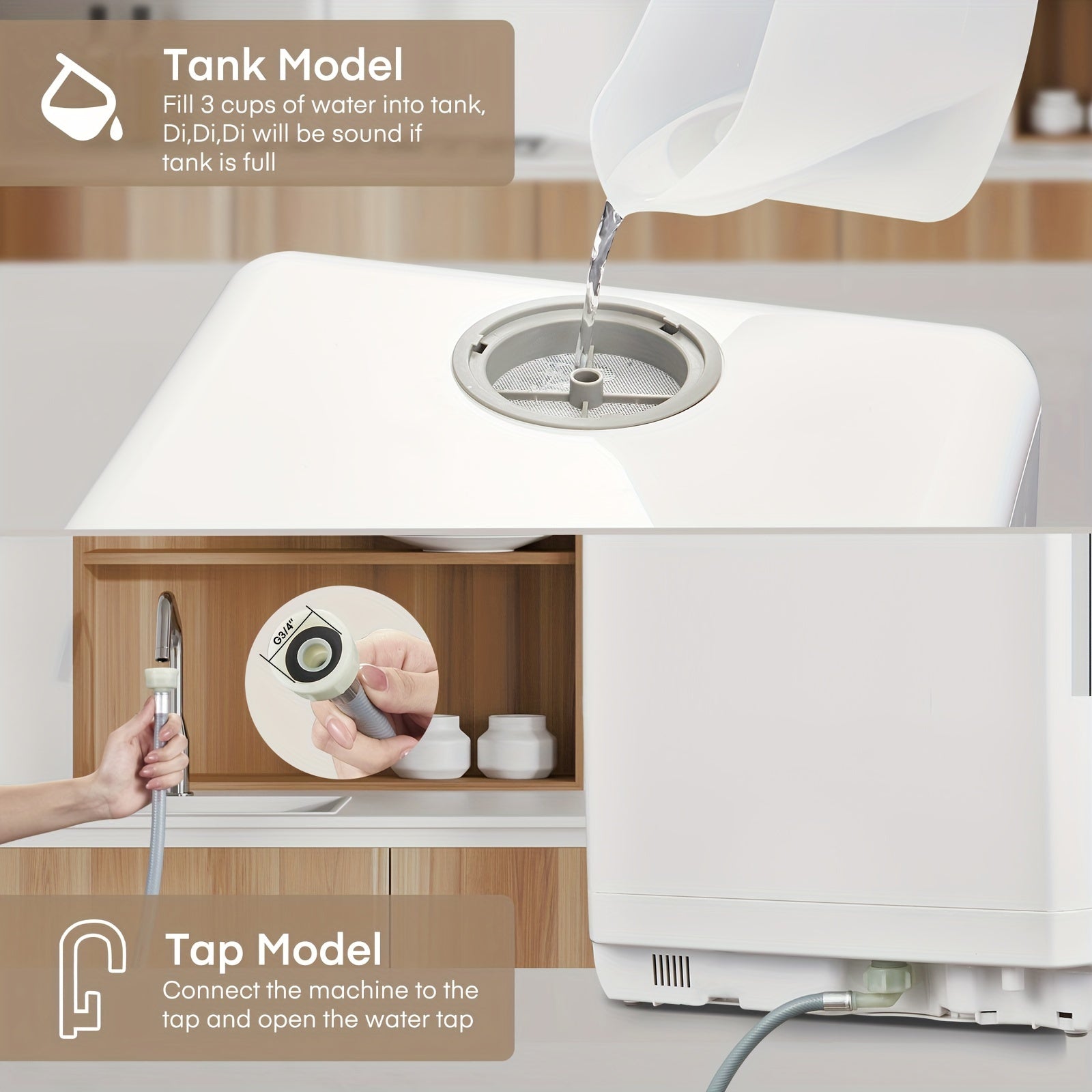 2-in-1 Water Tank & Tap Portable Countertop Dishwasher, 6 Multi Wash Modes Mini Dishwasher with 360° Spray, Hot Air Dry & Delayed Function for Small Kitchen