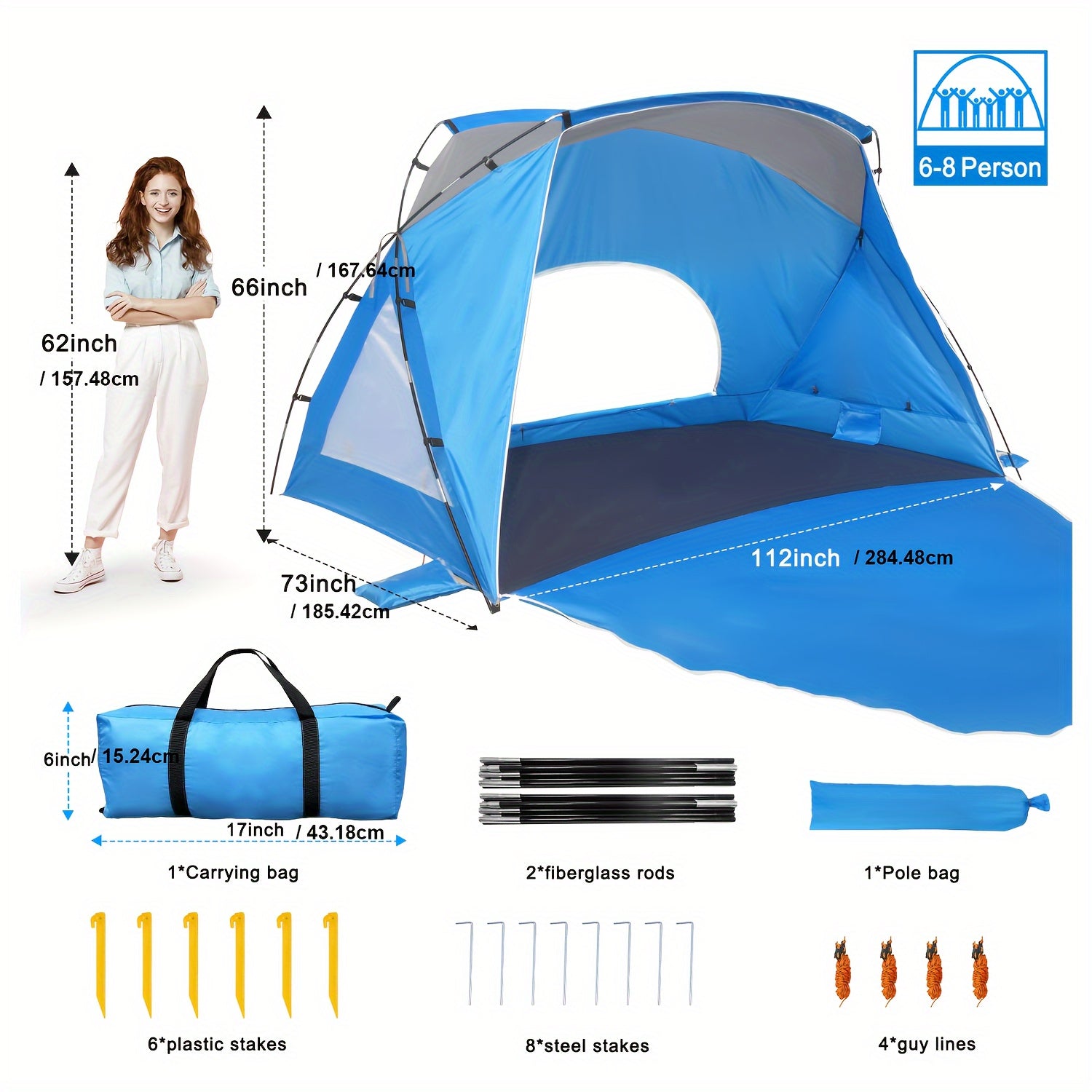 UPF 50+ 4-6 Person Instant Pop Up Beach Tent, 3-Sided Ventilated Windproof Sun Shelter with Zipper Door for Beach Picnic Camping