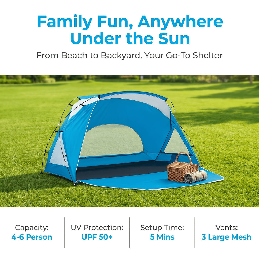 UPF 50+ 4-6 Person Instant Pop Up Beach Tent, 3-Sided Ventilated Windproof Sun Shelter with Zipper Door for Beach Picnic Camping