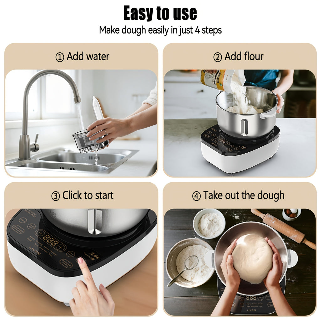 3.5L Auto Water Adding Dough Maker, 304 Stainless Steel Automatic Kneading Machine for Dumpling Noodle Bread Steamed Bun Home Bakery