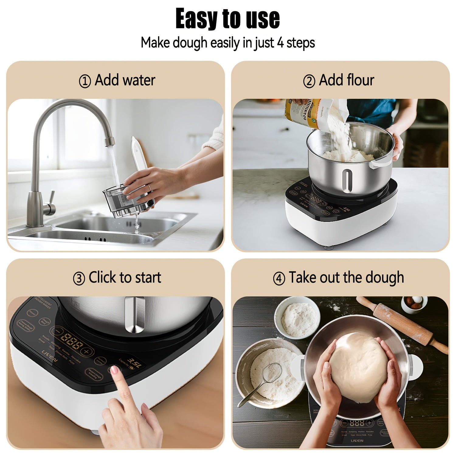 3.5L Auto Water Adding Dough Maker, 304 Stainless Steel Automatic Kneading Machine for Dumpling Noodle Bread Steamed Bun Home Bakery
