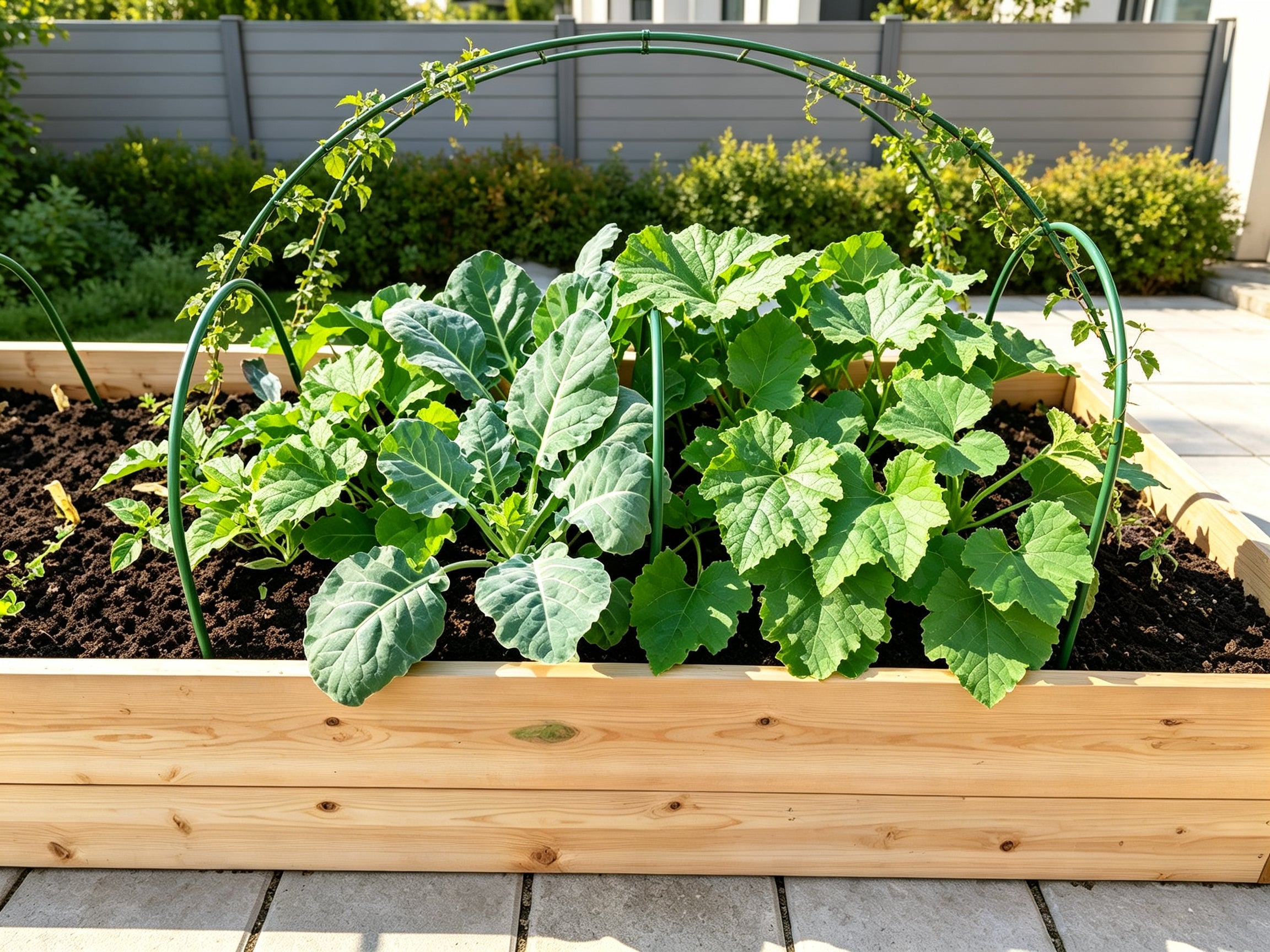 Elevated Wooden Raised Garden Bed with Arch Metal Trellis, Raised Planter Box with Metal Legs for Vegetables Flowers Backyard Patio Gardening