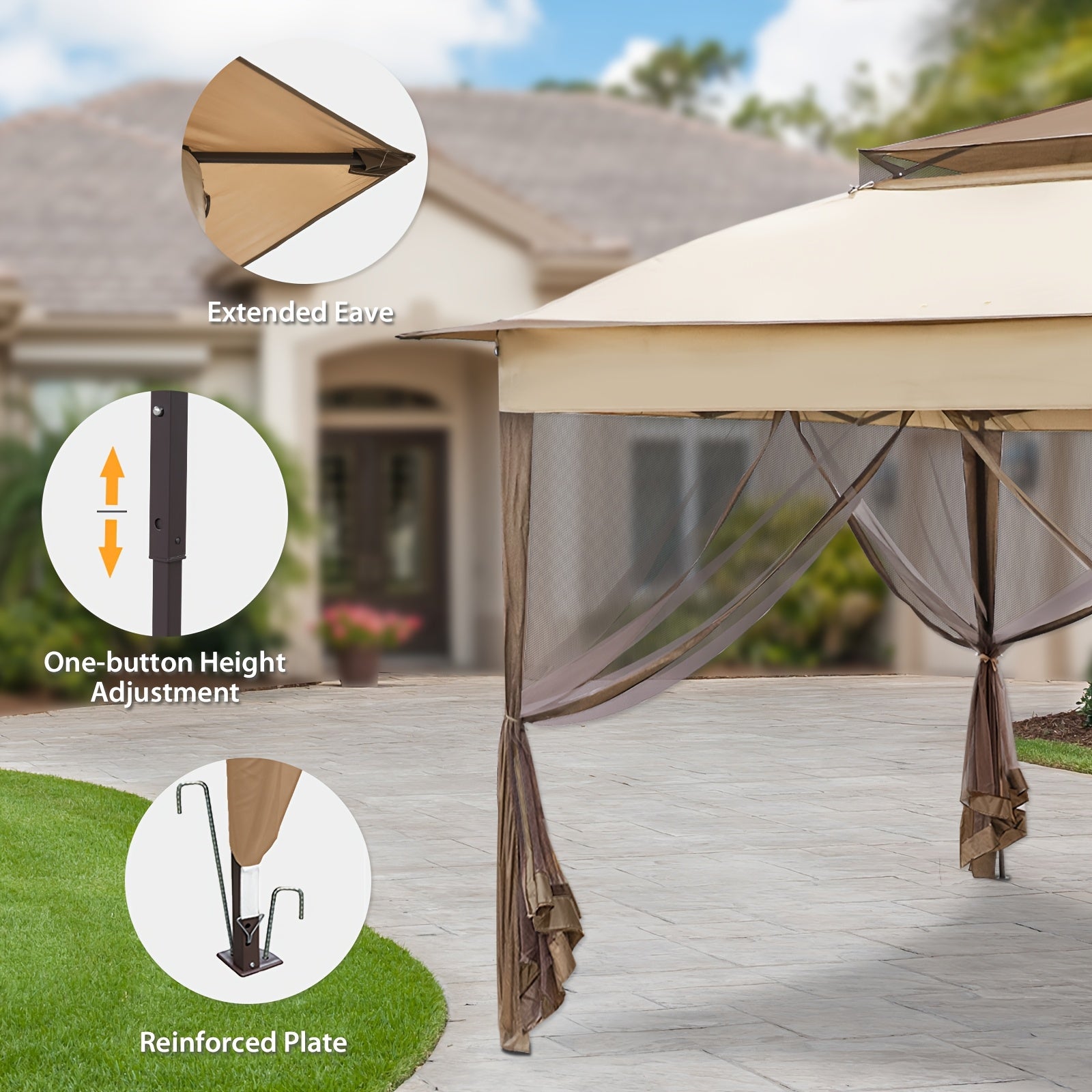 Removable Zippered Mosquito Netting for Outdoor Gazebo, Privacy Mesh Curtain with Hooks for Patio Canopy Pergola