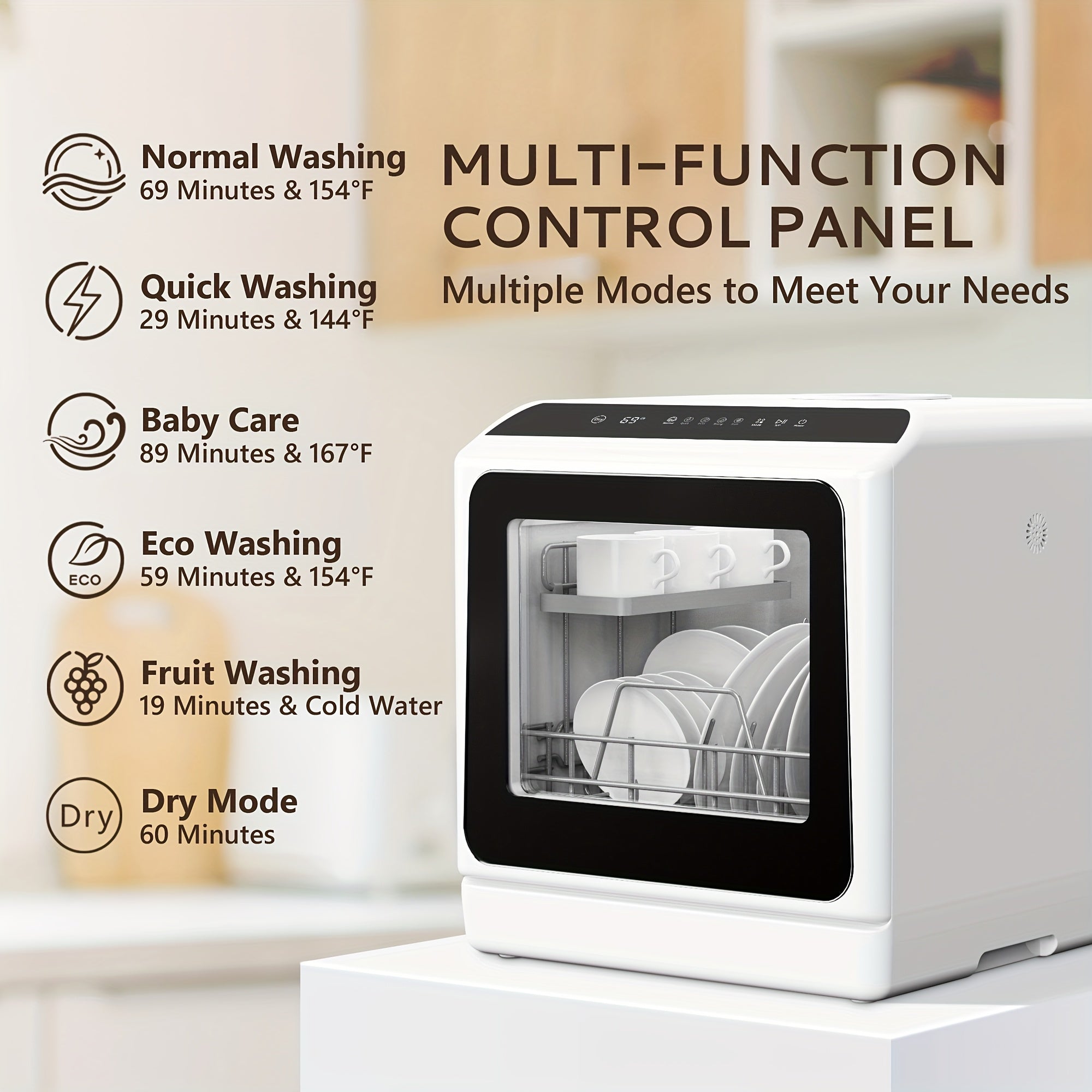 Portable Countertop Mini Dishwasher, Multi Function 6 Washing Modes Dishwasher with Drying Function for Small Home