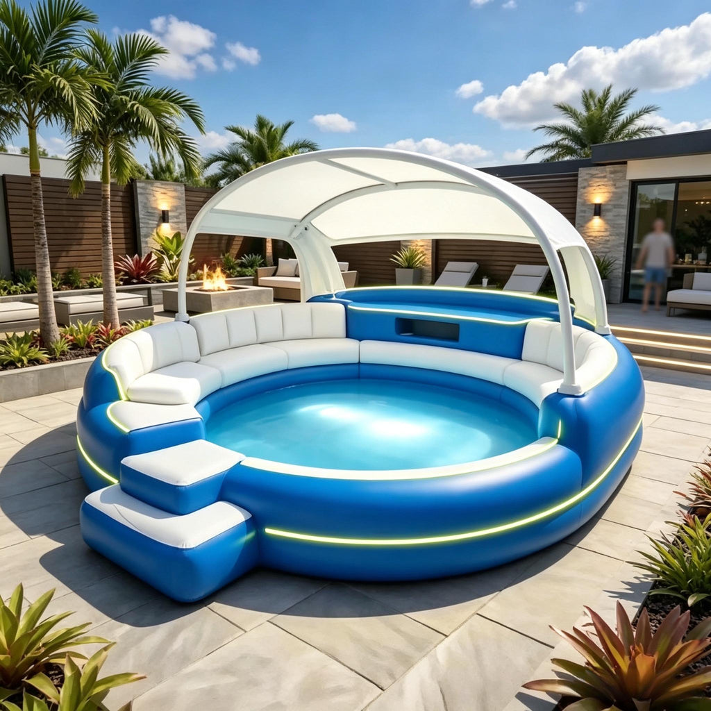 Inflatable Hot Tub with LED Canopy Heated Water System, Premium PVC Portable Spa Holds 4-7 Adults for Backyard Outdoor Relaxation